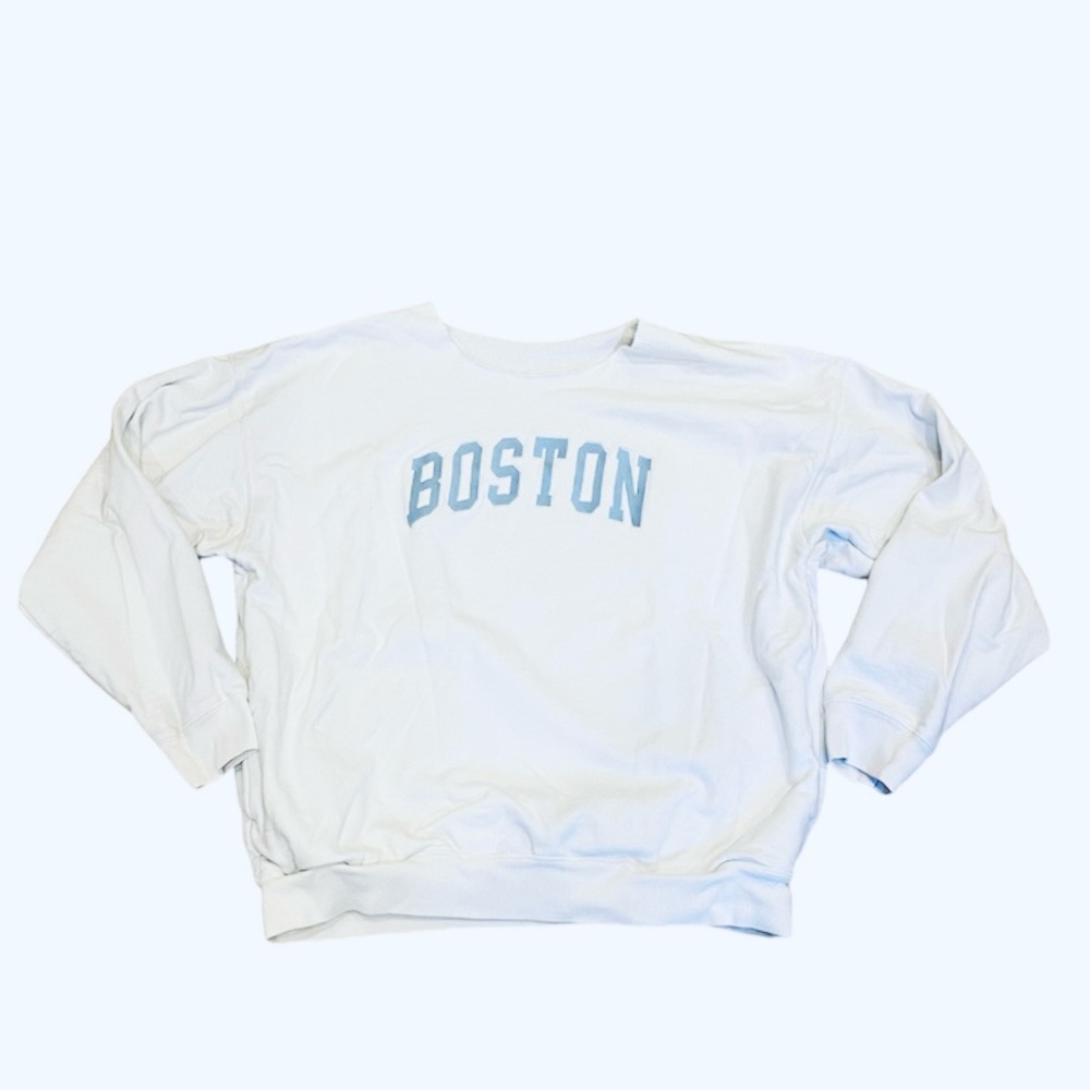 RARE Brandy Melville Oversized Boston Sweatshirt Pockets Cut Neck White Blue S M